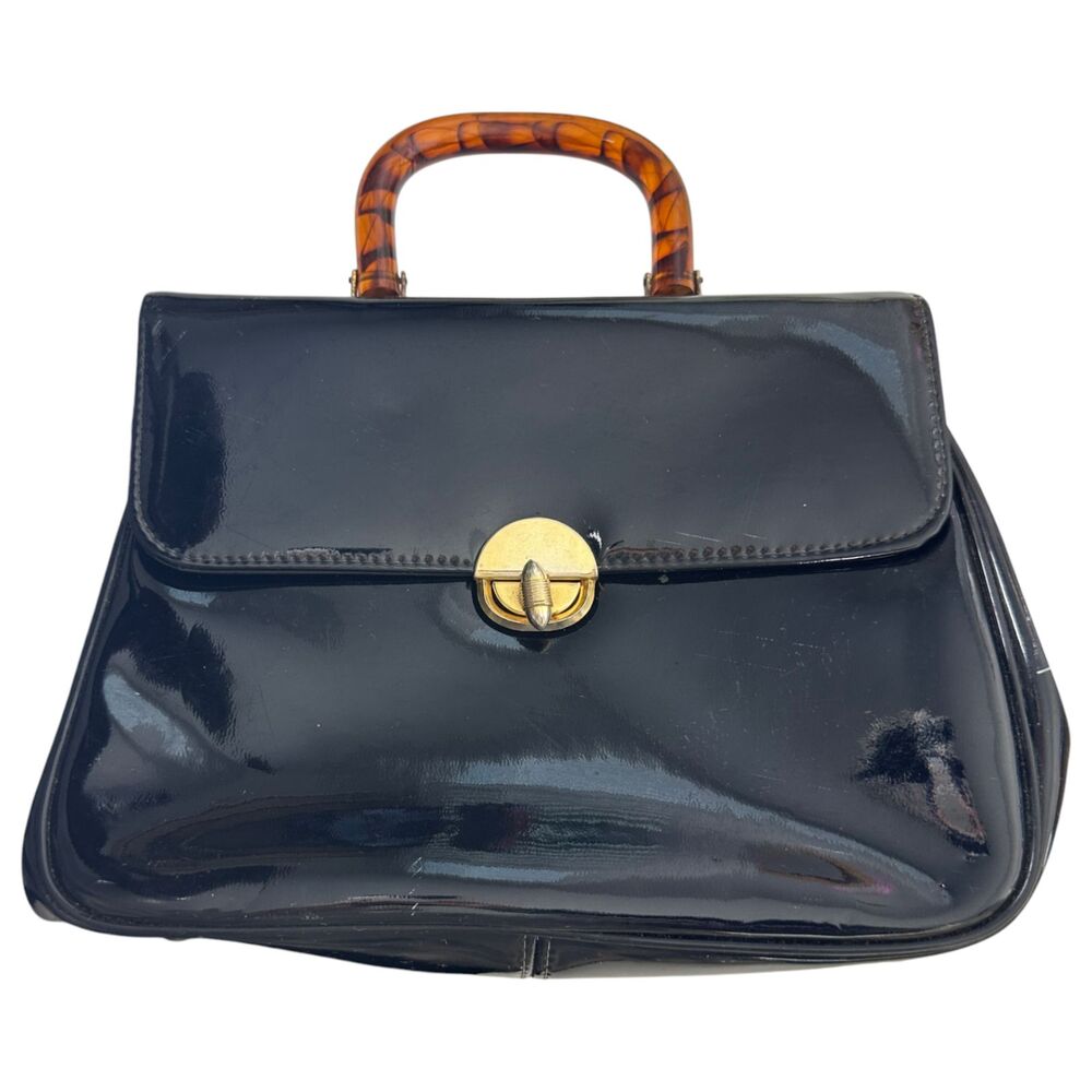 JR Julius Resnick Florida Black Patent Tortoise Lucite Handle Satchel Purse Bag